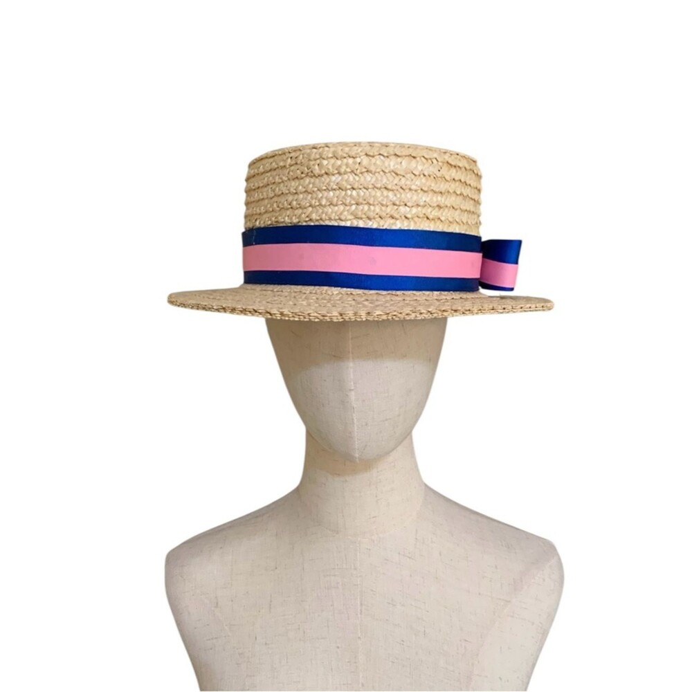 Scala Gondola Natural Straw Boater Hat Pink Blue Lace 100% Laichow Womens Size L
